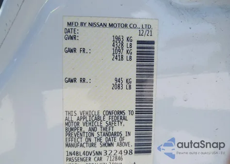 2022 Nissan Altima Sv from USA, damaged, VIN 1N4BL4DV5NN322498